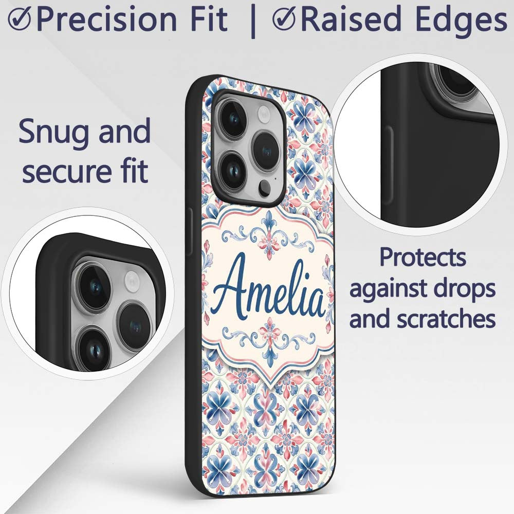 Red and Blue Classic Floral Tile Pattern with Custom Name Protective Phone Case Mobile Cover Durable Everyday Smartphone Shock Resistant