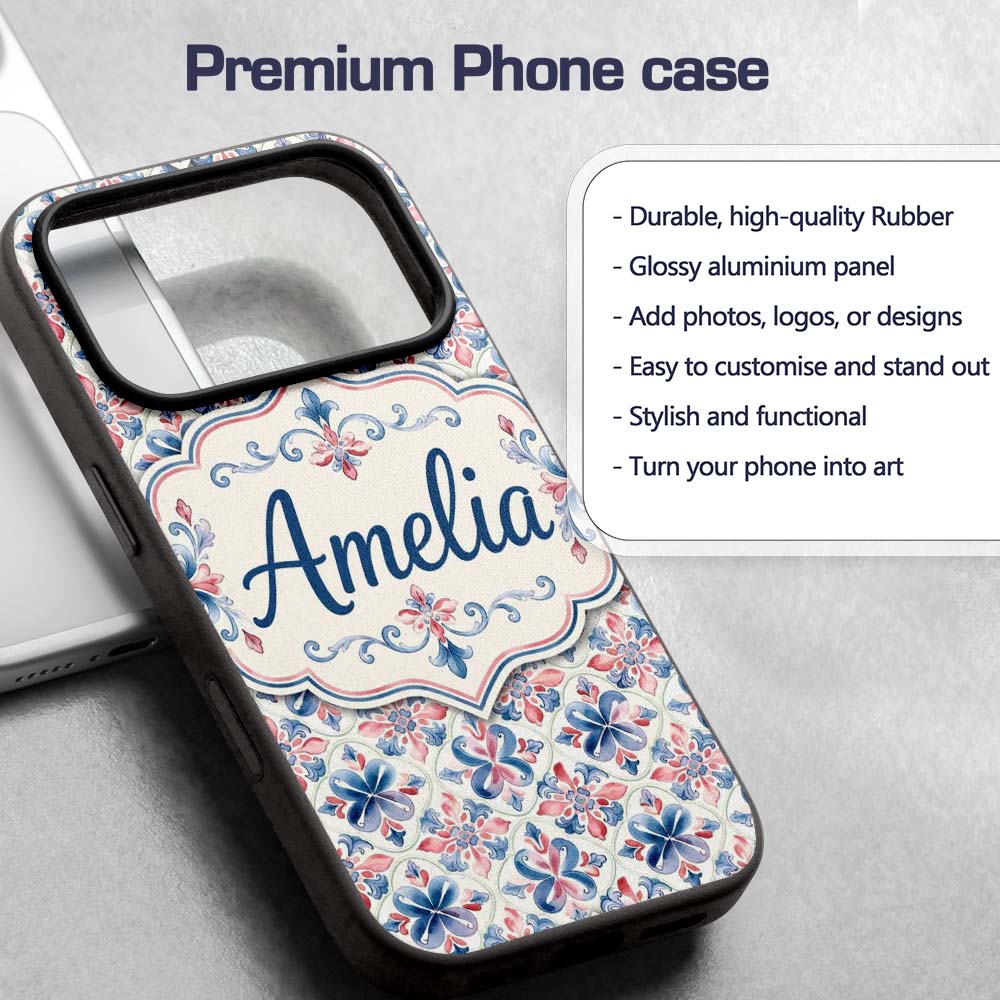 Red and Blue Classic Floral Tile Pattern with Custom Name Protective Phone Case Mobile Cover Durable Everyday Smartphone Shock Resistant
