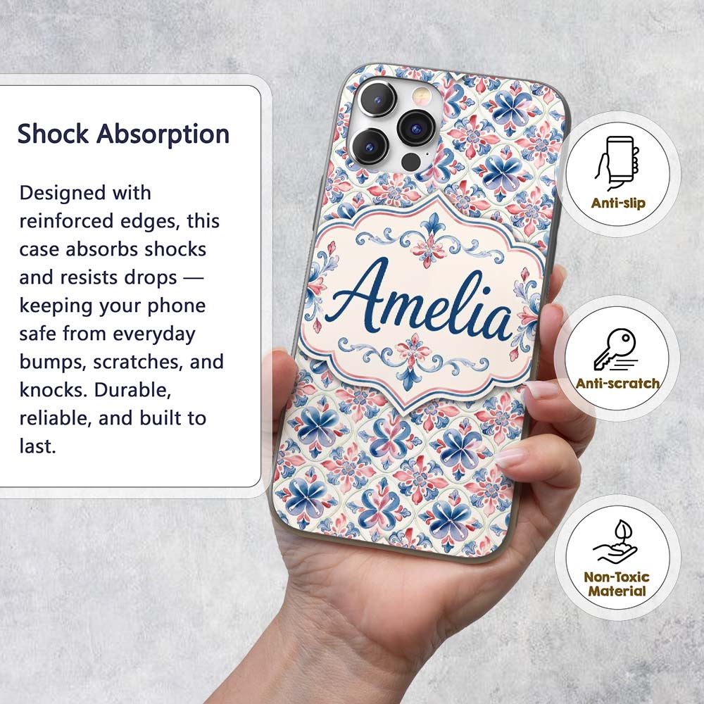Red and Blue Classic Floral Tile Pattern with Custom Name Protective Phone Case Mobile Cover Durable Everyday Smartphone Shock Resistant