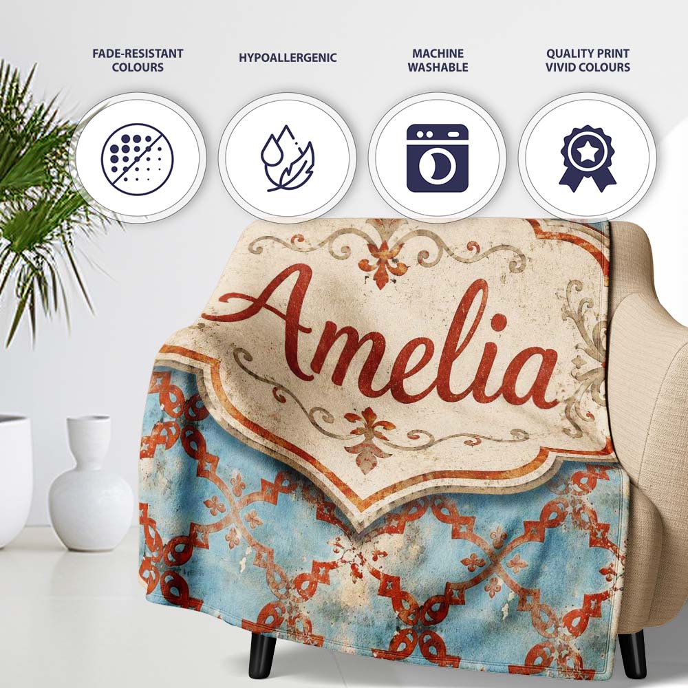 Weathered Blue and Rust Ornate Tile Pattern with Antique Finish Personalised Custom Name Super Soft Fleece Blanket Bed Sofa Throw