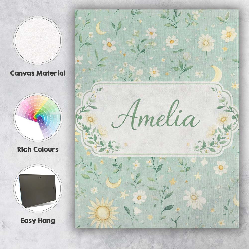 Personalised Name Minimal Floral Leaves and Sun moon Pattern Beautiful Custom Decorative Canvas Wall Art Print Decor Picture Ready to Hang
