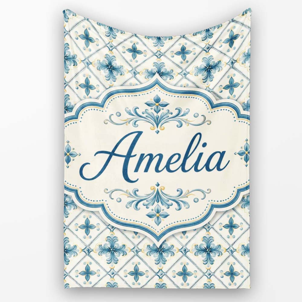 Pale Blue and Cream Traditional Tile Pattern with Floral Medallion Personalised Custom Name Super Soft Fleece Blanket Bed Sofa Throw
