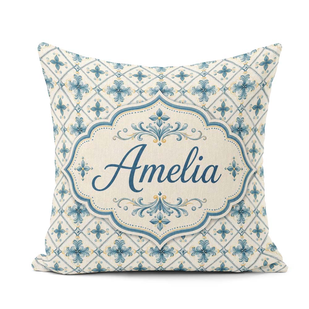 Custom Name Pale Blue Cream Traditional Tile Pattern with Floral Square Filled Cushion Throw Pillow Sofa Bed Home Decor Zip Washable UK Made