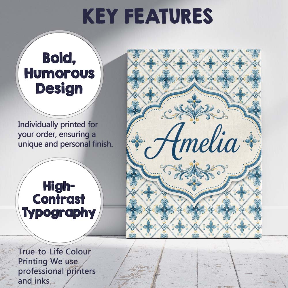 Personalised Name Pale Blue and Cream Custom Modern Room Accent Creative Decorator Style Canvas Wall Art Print Decor Picture Ready to Hang