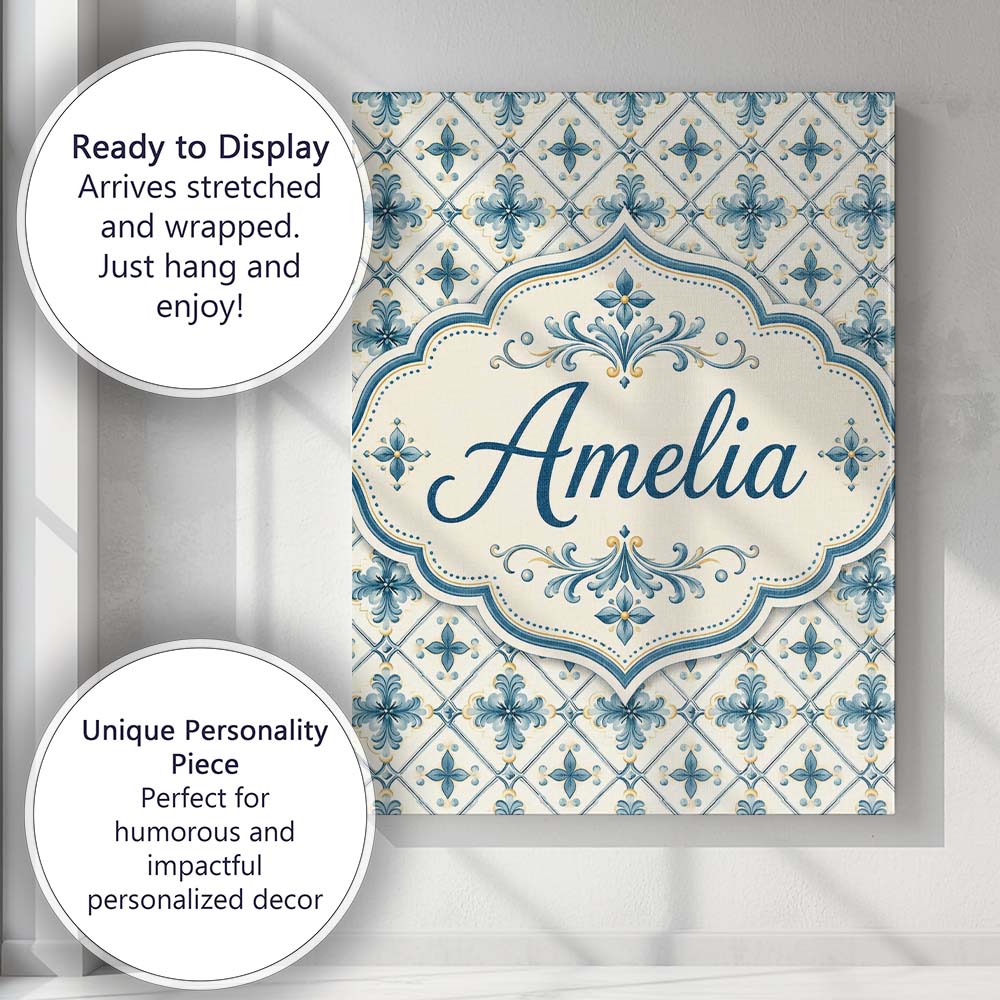 Personalised Name Pale Blue and Cream Custom Modern Room Accent Creative Decorator Style Canvas Wall Art Print Decor Picture Ready to Hang