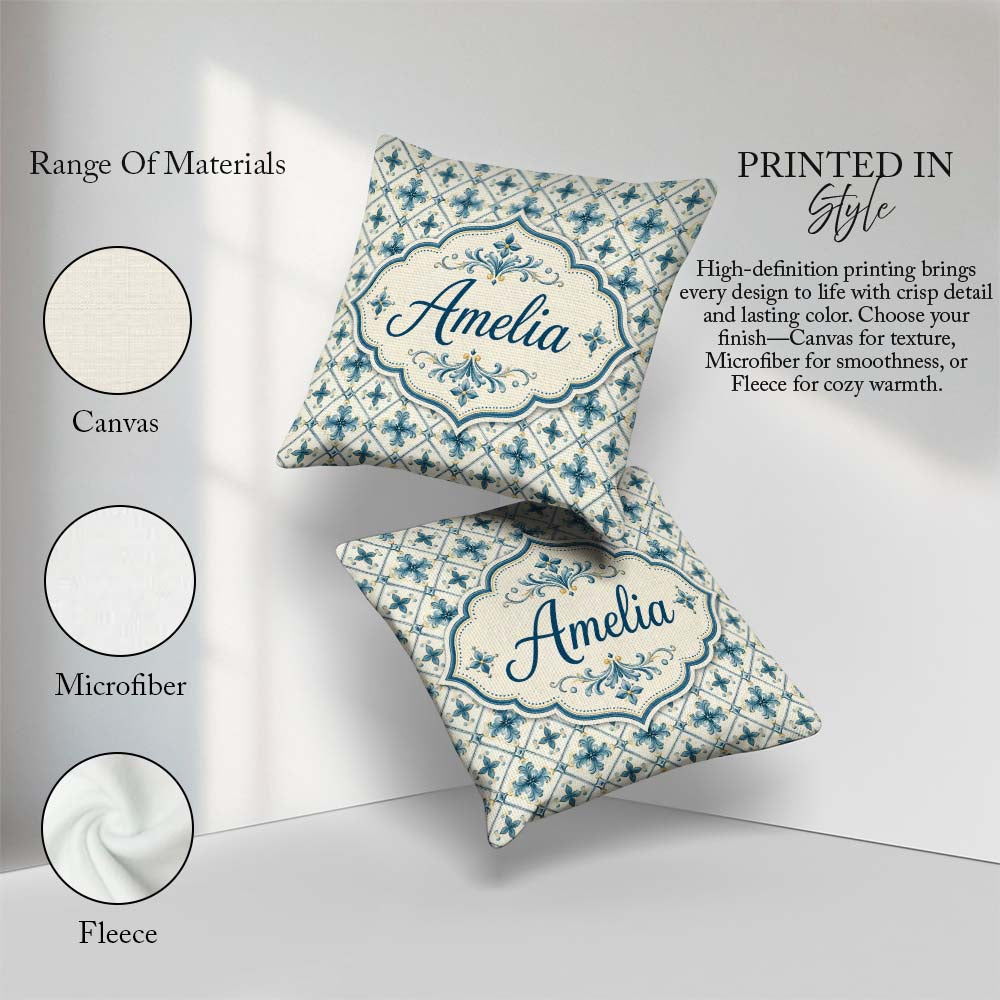 Custom Name Pale Blue Cream Traditional Tile Pattern with Floral Square Filled Cushion Throw Pillow Sofa Bed Home Decor Zip Washable UK Made