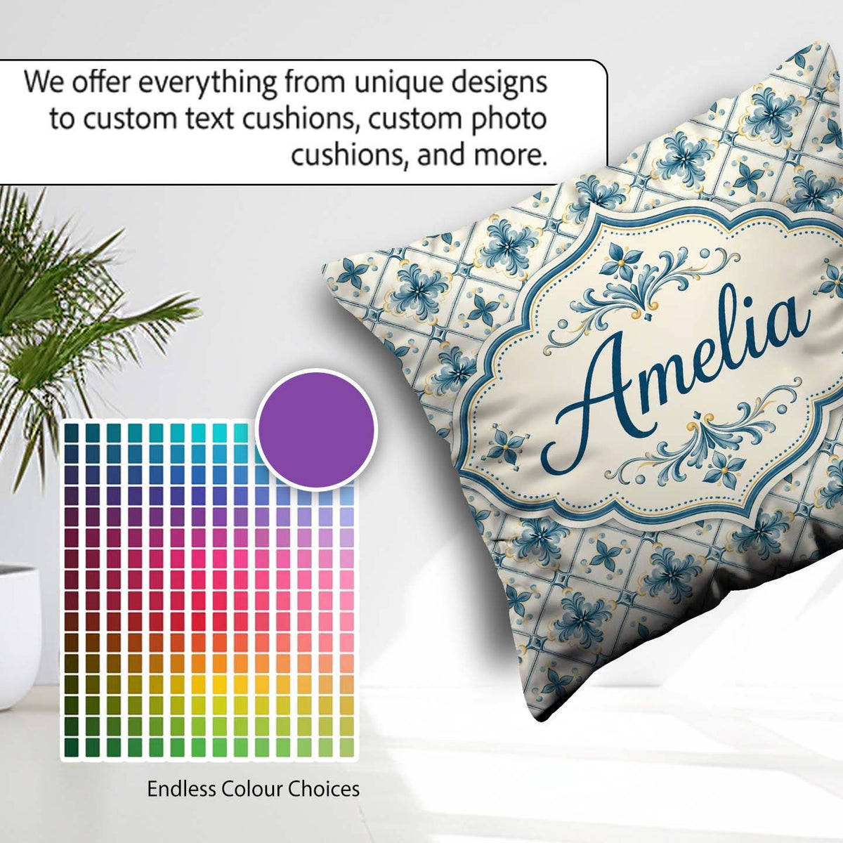 Custom Name Pale Blue Cream Traditional Tile Pattern with Floral Square Filled Cushion Throw Pillow Sofa Bed Home Decor Zip Washable UK Made
