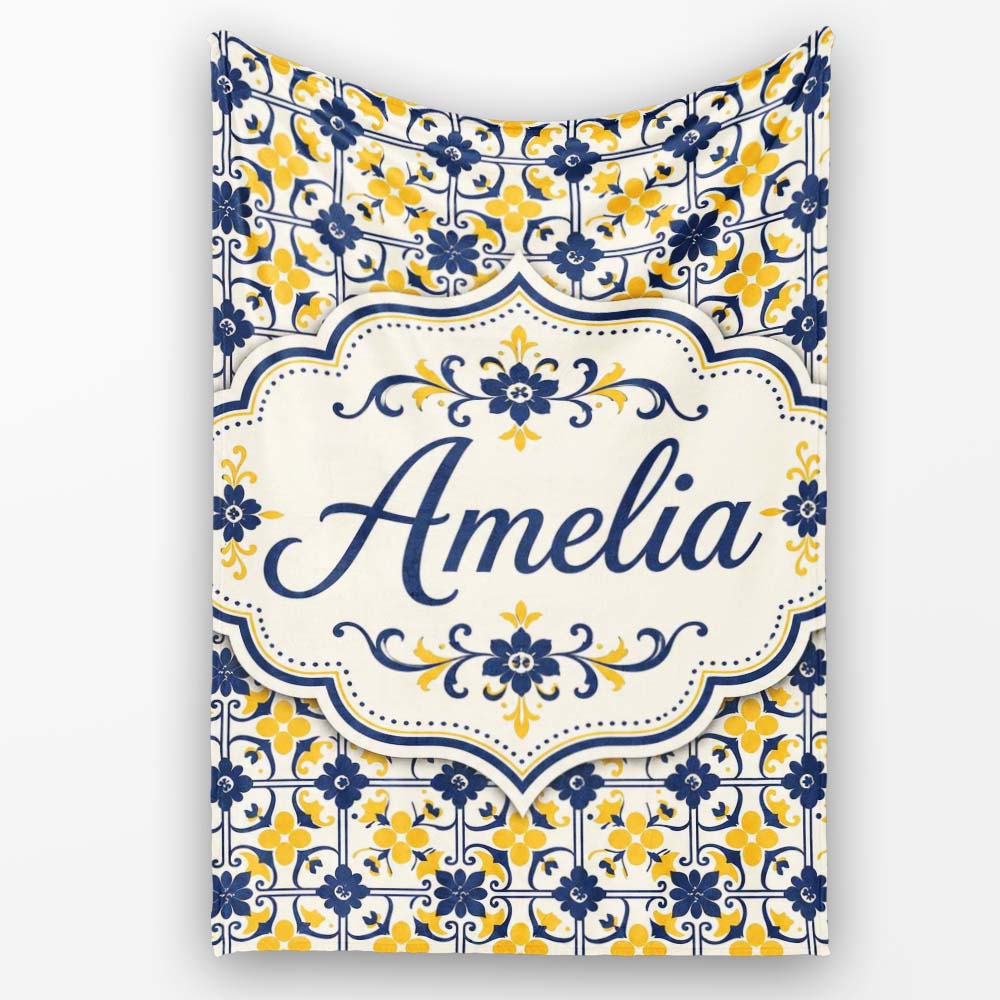 Navy and Mustard Decorative Tile Pattern with Bold Floral Geometry Personalised Custom Name Super Soft Fleece Blanket Bed Sofa Throw