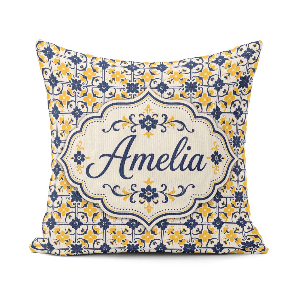 Custom Name Navy and Mustard Decorative Tile Pattern with Floral Square Filled Cushion Throw Pillow Sofa Bed Home Decor Zip Washable UK Made