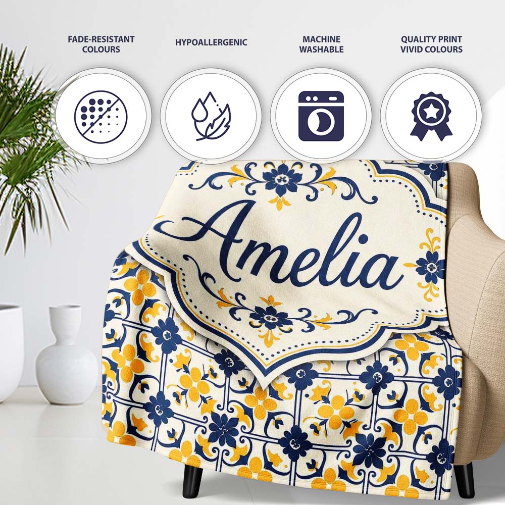 Navy and Mustard Decorative Tile Pattern with Bold Floral Geometry Personalised Custom Name Super Soft Fleece Blanket Bed Sofa Throw