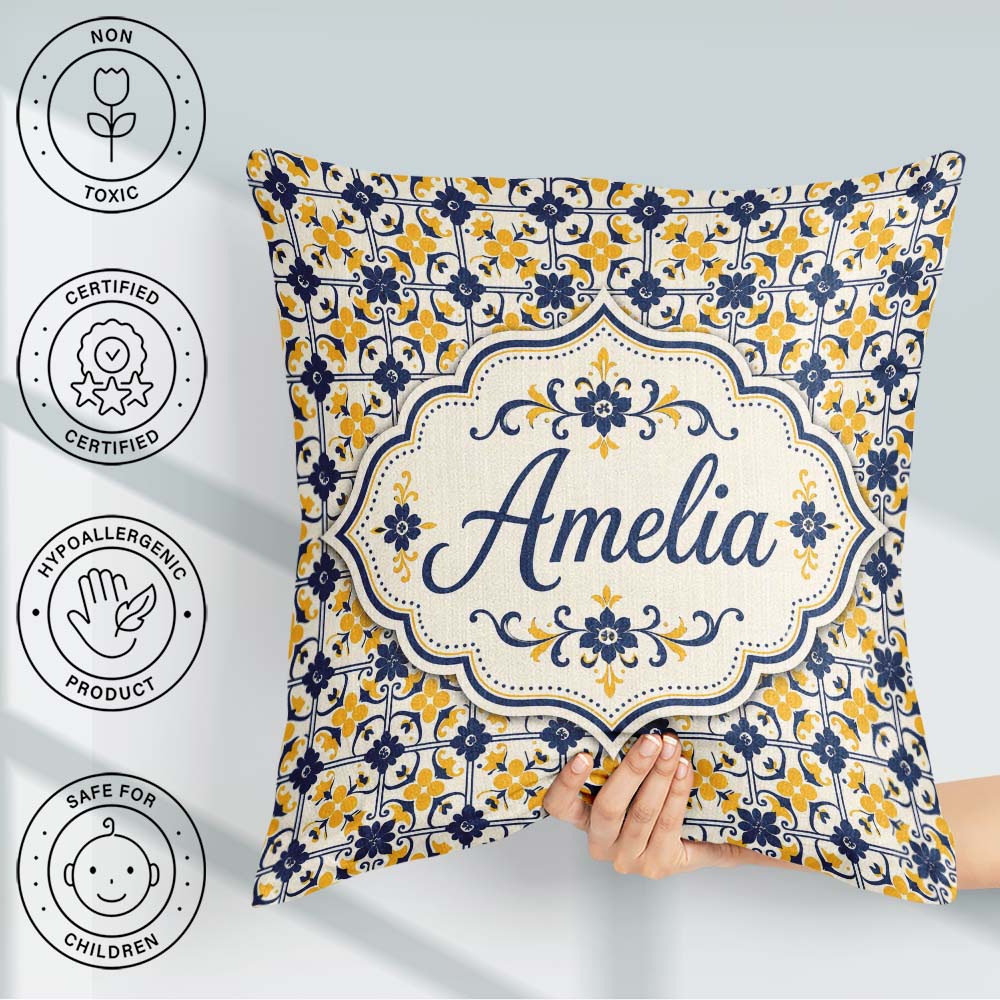 Custom Name Navy and Mustard Decorative Tile Pattern with Floral Square Filled Cushion Throw Pillow Sofa Bed Home Decor Zip Washable UK Made