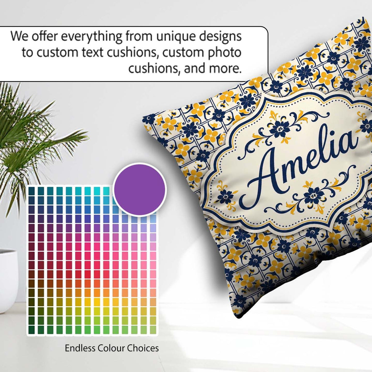 Custom Name Navy and Mustard Decorative Tile Pattern with Floral Square Filled Cushion Throw Pillow Sofa Bed Home Decor Zip Washable UK Made