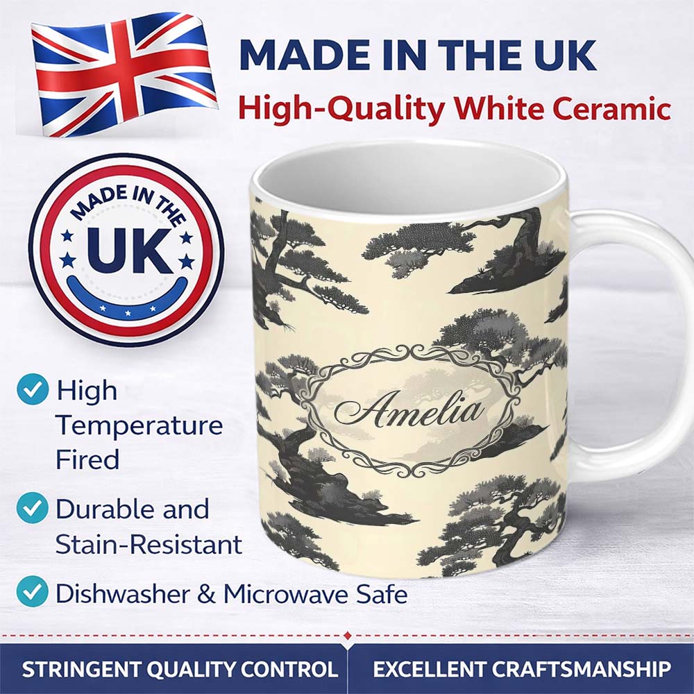 Personalized Custom Name Elegant Bonsai Trees on Neutral Background Pattern Asian Botanical 11oz Ceramic Coffee Tea Mug White Large Handle
