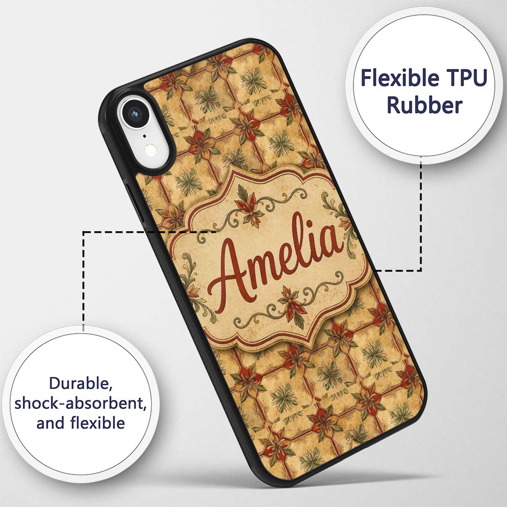 Vintage Floral Tile Pattern in Warm Beige and Custom Name Protective Phone Case Mobile Cover Durable Everyday Smartphone Shock Resistant