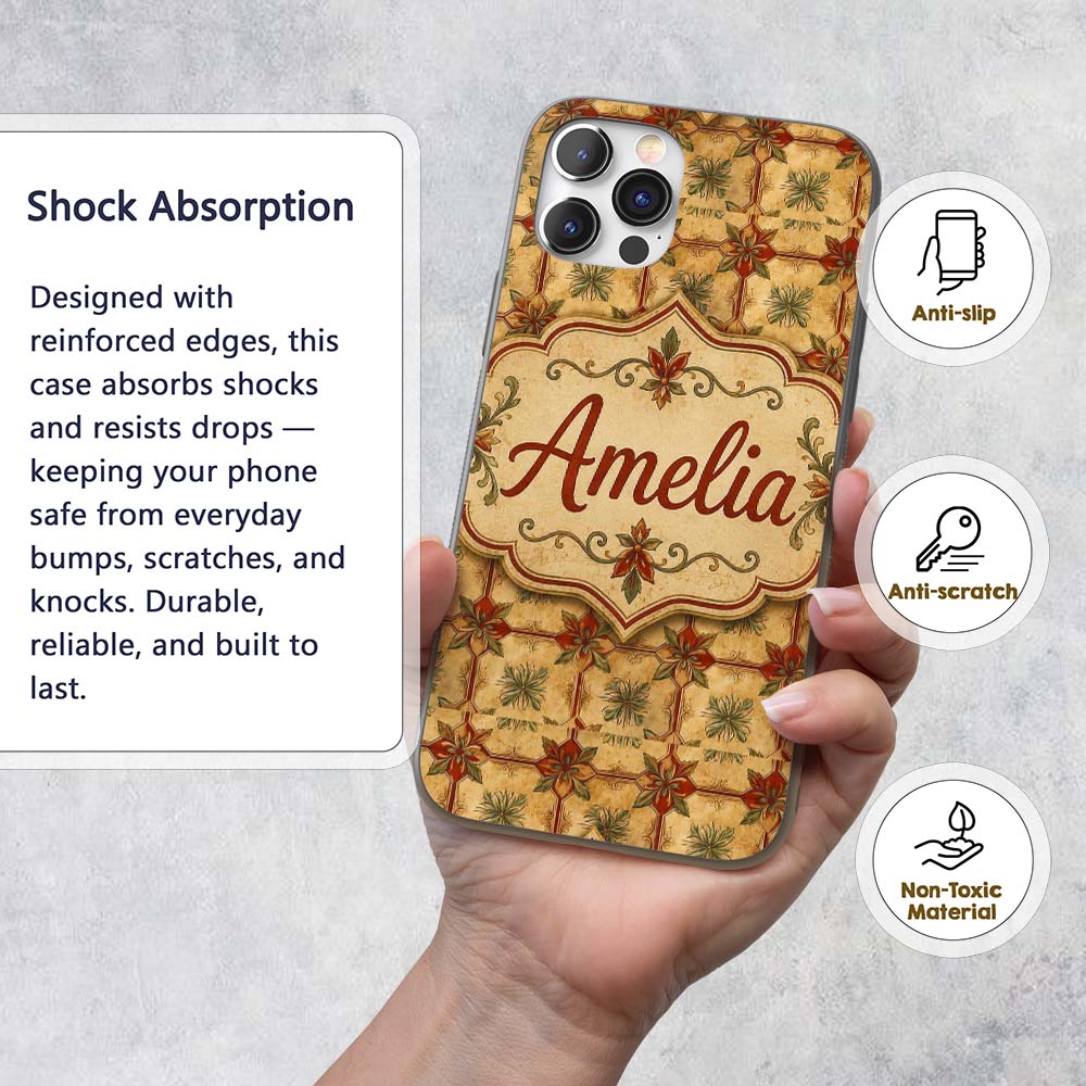 Vintage Floral Tile Pattern in Warm Beige and Custom Name Protective Phone Case Mobile Cover Durable Everyday Smartphone Shock Resistant