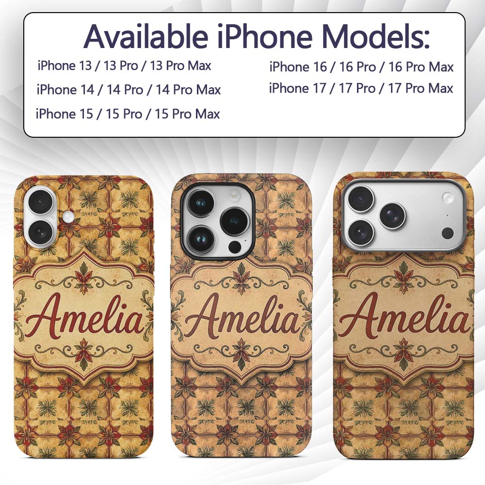 Vintage Floral Tile Pattern in Warm Beige and Custom Name Protective Phone Case Mobile Cover Durable Everyday Smartphone Shock Resistant