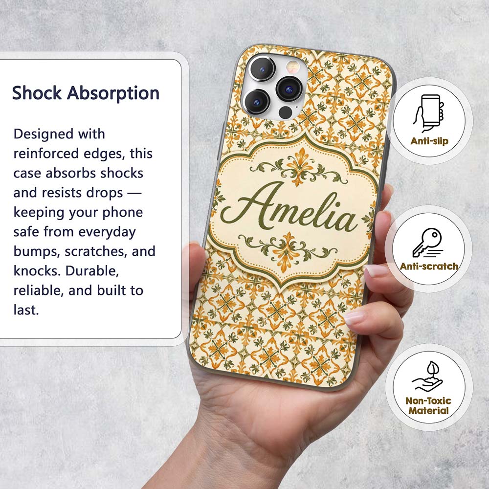 Ornate Orange and Olive Decorative Tile Motif Custom Name Protective Phone Case Mobile Cover Durable Everyday Smartphone Shock Resistant