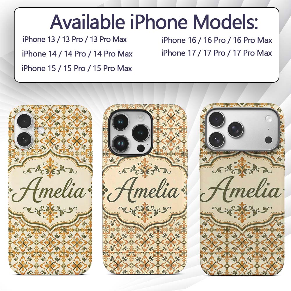 Ornate Orange and Olive Decorative Tile Motif Custom Name Protective Phone Case Mobile Cover Durable Everyday Smartphone Shock Resistant