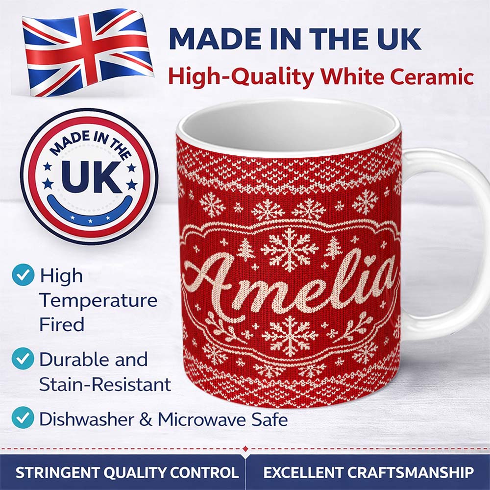 Personalized Custom Name Red Knitted Heart Pattern Christmas Seamless Charming Kitchen Decor 11oz Ceramic Coffee Tea Mug White Large Handle