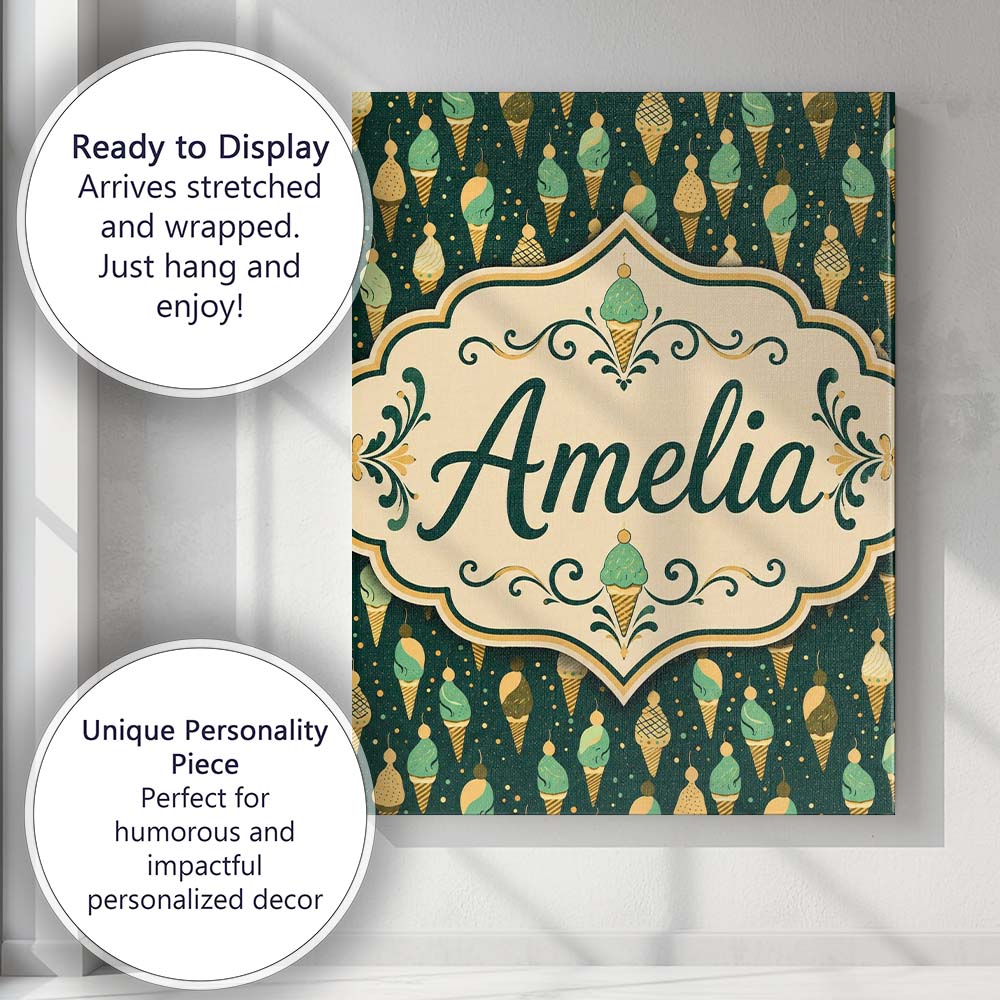Personalised Name Dark Green Ice Cream Cone Custom Bespoke Interior Contemporary Canvas Wall Art Print Decor Picture Ready to Hang