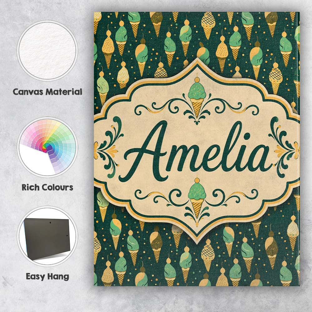 Personalised Name Dark Green Ice Cream Cone Custom Bespoke Interior Contemporary Canvas Wall Art Print Decor Picture Ready to Hang