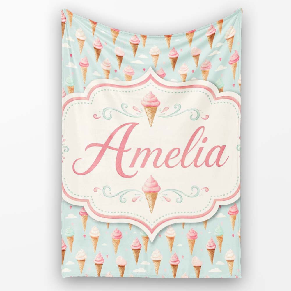 Pastel Ice Cream Cones on Sky Blue with Clouds Cute Sweet Dessert Personalised Custom Name Super Soft Fleece Blanket Bed Sofa Throw