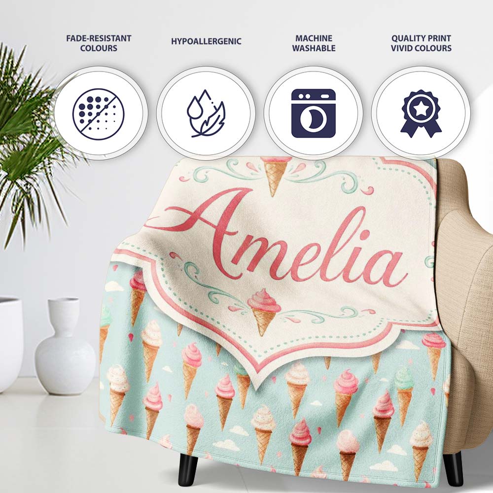 Pastel Ice Cream Cones on Sky Blue with Clouds Cute Sweet Dessert Personalised Custom Name Super Soft Fleece Blanket Bed Sofa Throw
