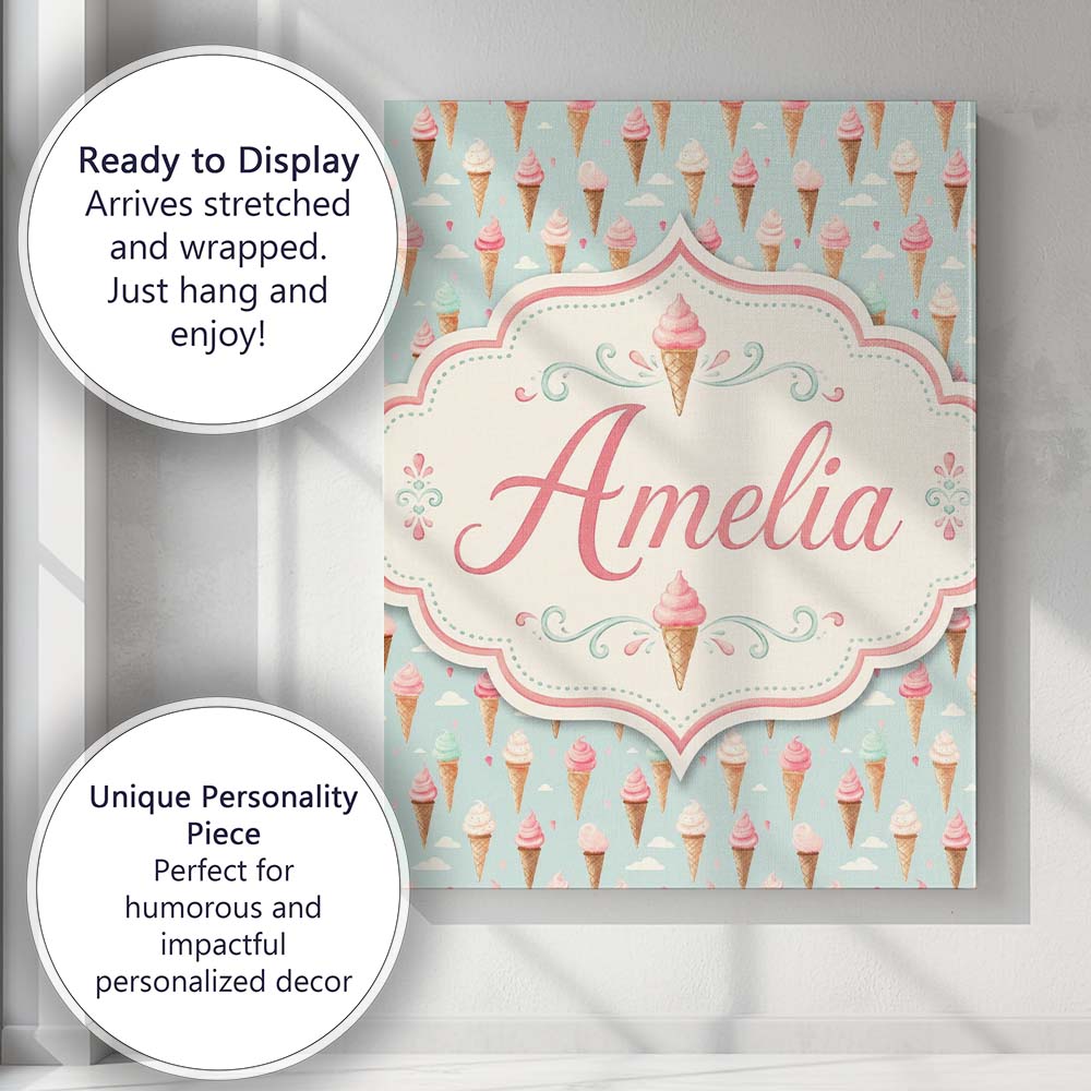 Personalised Name Pastel Ice Cream Cones on Custom Bespoke Interior Contemporary Canvas Wall Art Print Decor Picture Ready to Hang