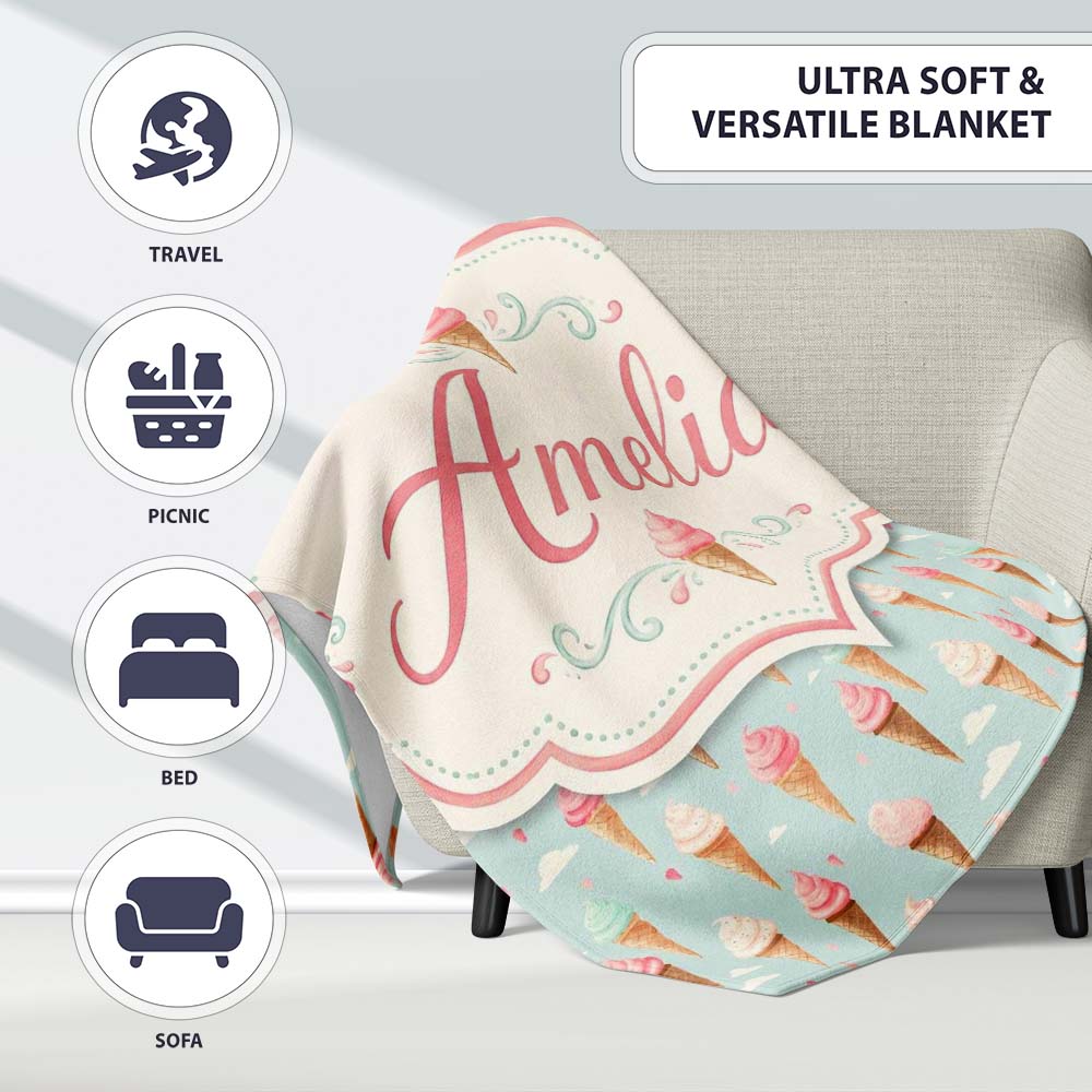 Pastel Ice Cream Cones on Sky Blue with Clouds Cute Sweet Dessert Personalised Custom Name Super Soft Fleece Blanket Bed Sofa Throw