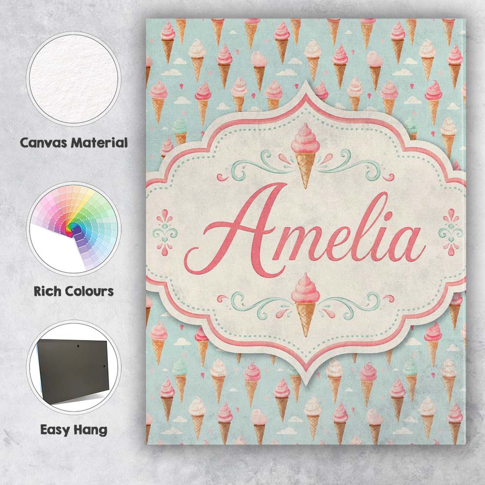 Personalised Name Pastel Ice Cream Cones on Custom Bespoke Interior Contemporary Canvas Wall Art Print Decor Picture Ready to Hang
