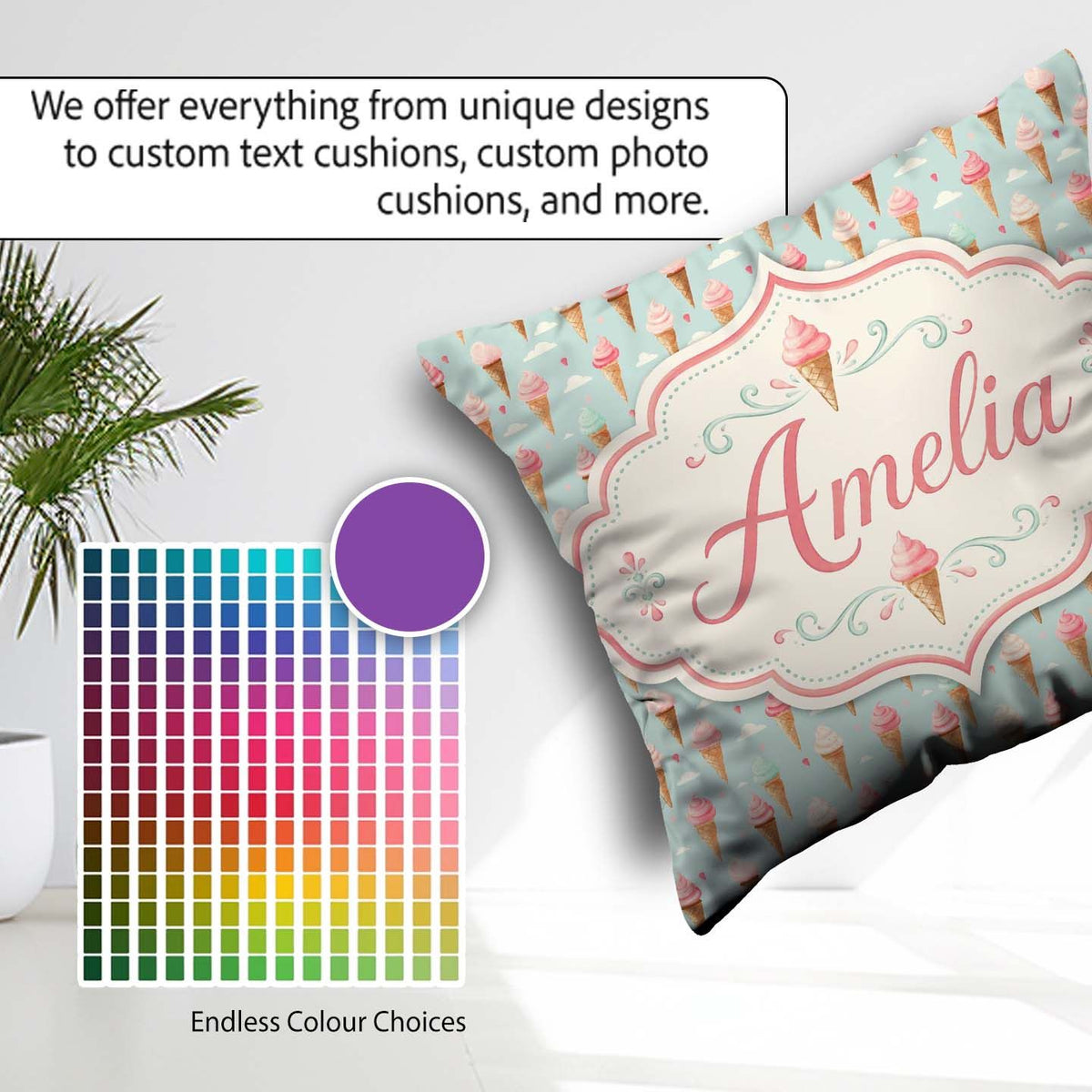 Custom Name Pastel Ice Cream Cones on Sky Blue with Clouds Sweet Square Filled Cushion Throw Pillow Sofa Bed Home Decor Zip Washable UK Made