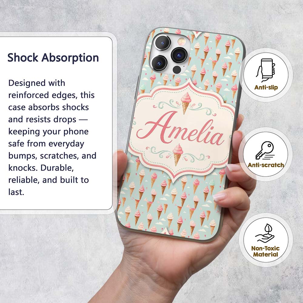 Pastel Ice Cream Cones on Sky Blue with Clouds Custom Name Protective Phone Case Mobile Cover Durable Everyday Smartphone Shock Resistant