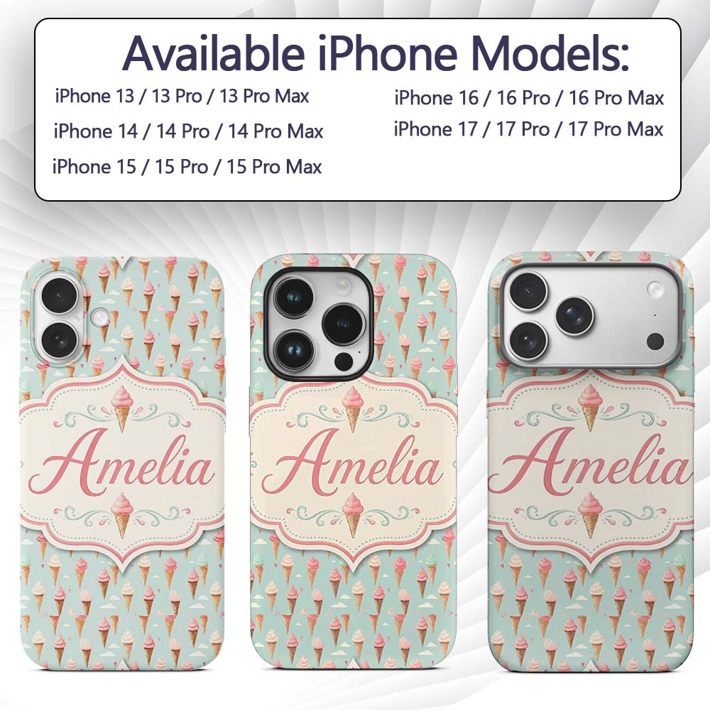 Pastel Ice Cream Cones on Sky Blue with Clouds Custom Name Protective Phone Case Mobile Cover Durable Everyday Smartphone Shock Resistant