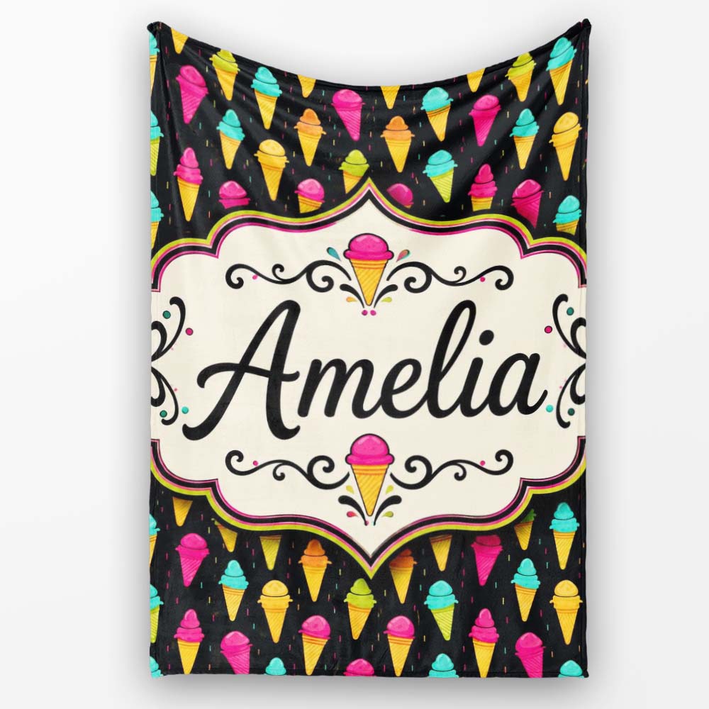 Bright Neon Ice Cream Cones on Black Fun Pop Art Dessert Seamless Personalised Custom Name Super Soft Fleece Blanket Bed Sofa Throw