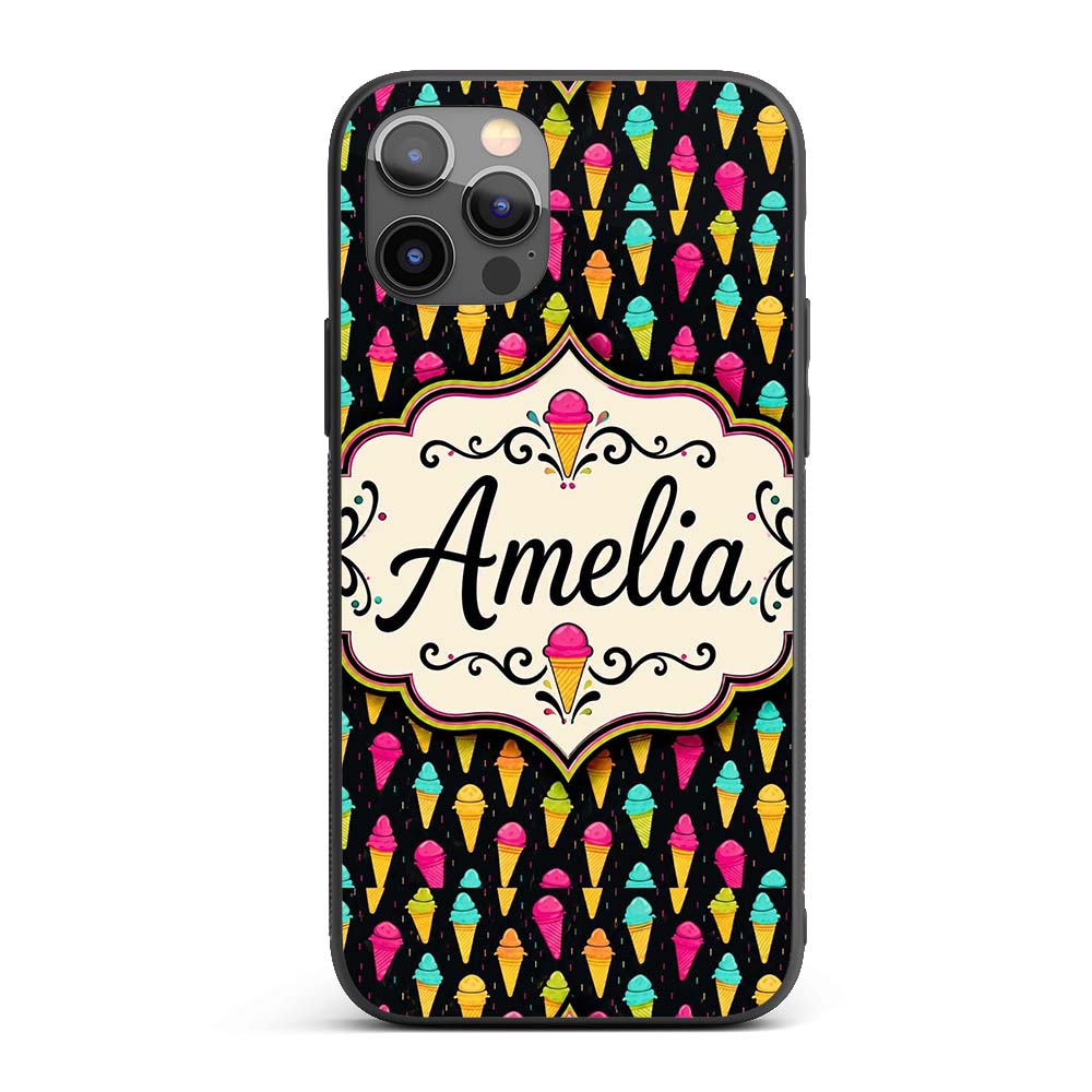 Bright Neon Ice Cream Cones on Black Fun Pop Art Custom Name Protective Phone Case Mobile Cover Durable Everyday Smartphone Shock Resistant