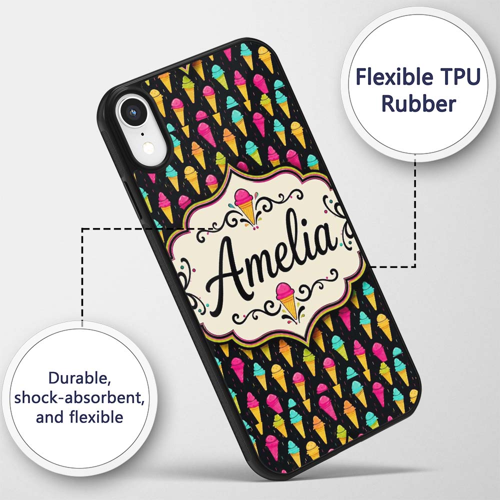 Bright Neon Ice Cream Cones on Black Fun Pop Art Custom Name Protective Phone Case Mobile Cover Durable Everyday Smartphone Shock Resistant
