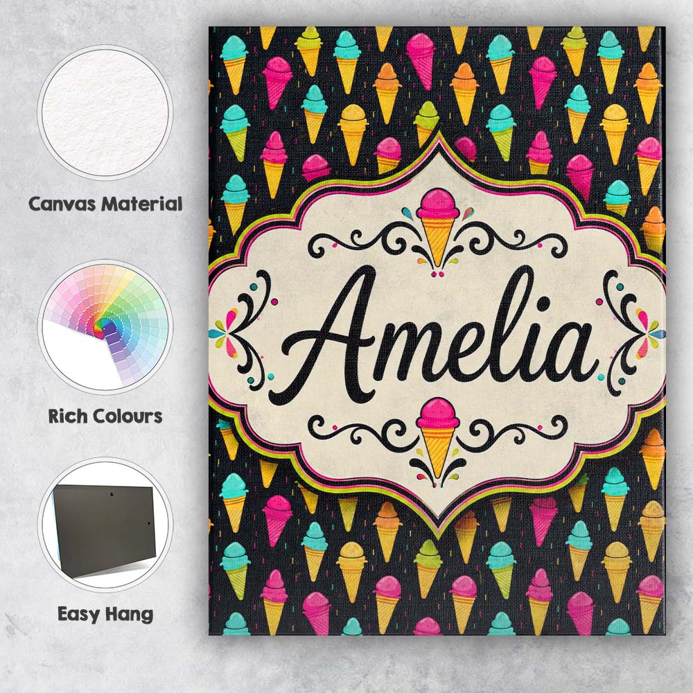 Personalised Name Bright Neon Ice Cream Custom Modern Room Accent Elegant Feature Canvas Wall Art Print Decor Picture Ready to Hang