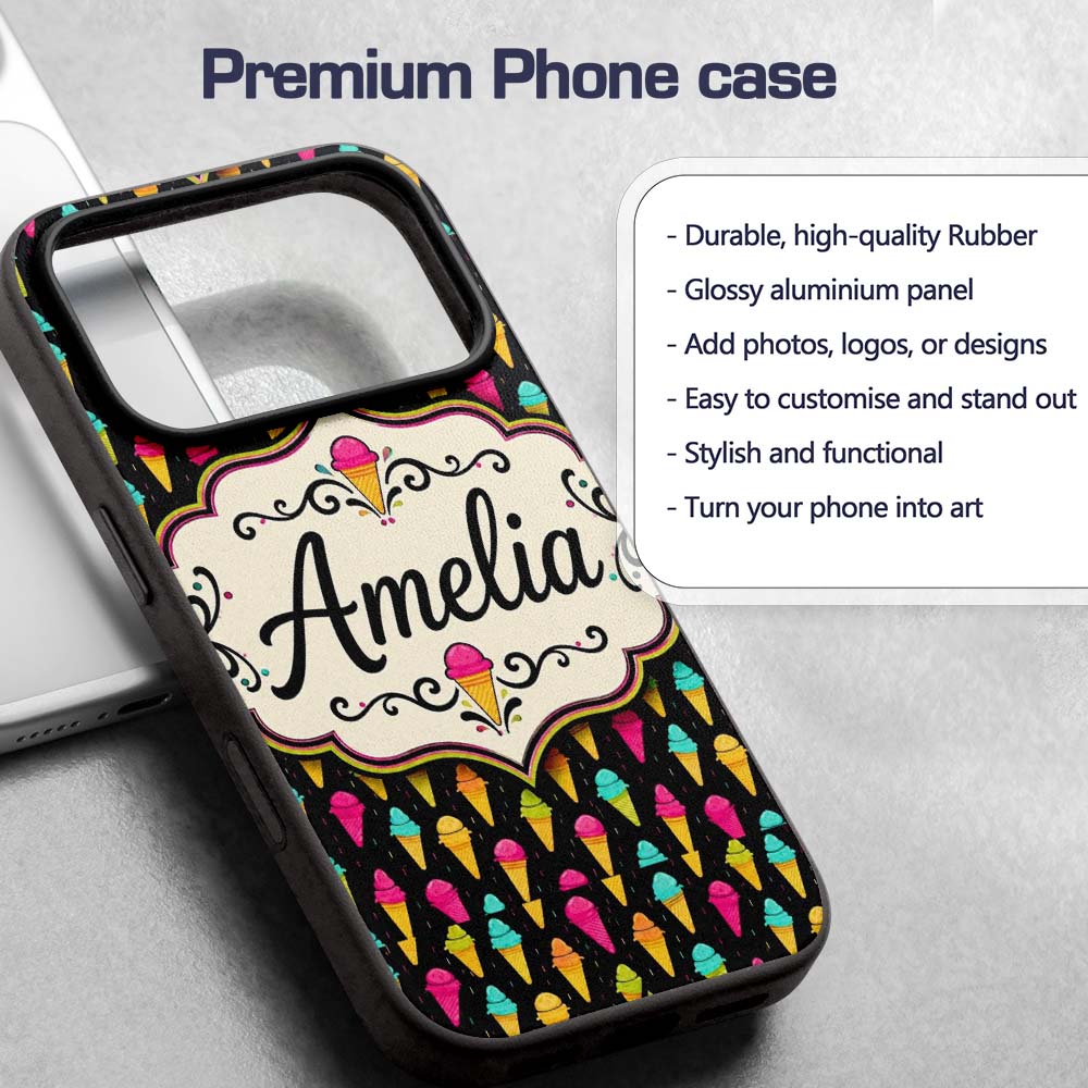 Bright Neon Ice Cream Cones on Black Fun Pop Art Custom Name Protective Phone Case Mobile Cover Durable Everyday Smartphone Shock Resistant
