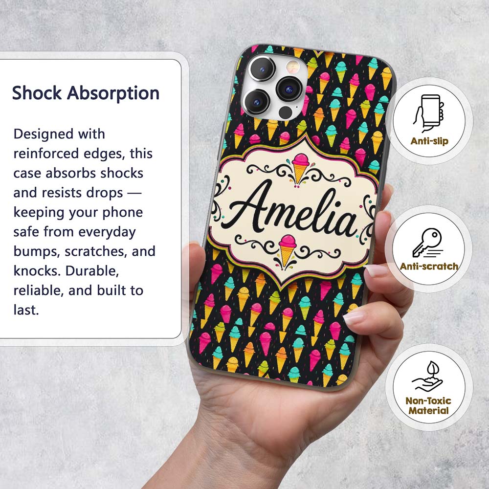 Bright Neon Ice Cream Cones on Black Fun Pop Art Custom Name Protective Phone Case Mobile Cover Durable Everyday Smartphone Shock Resistant