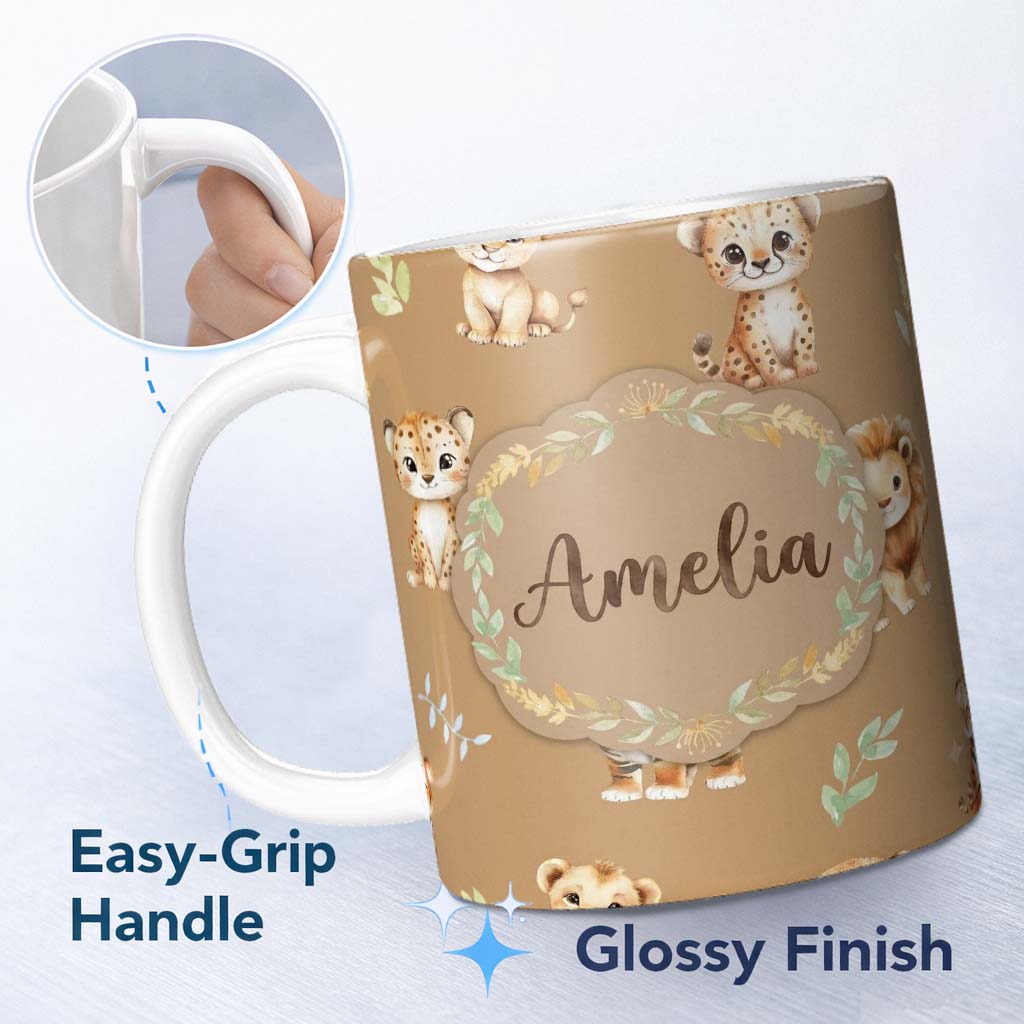 Personalized Custom Name Baby Safari Animals Leopard Tiger Lion on Warm Brown Seamless 11oz Ceramic Coffee Tea Mug White Large Handle