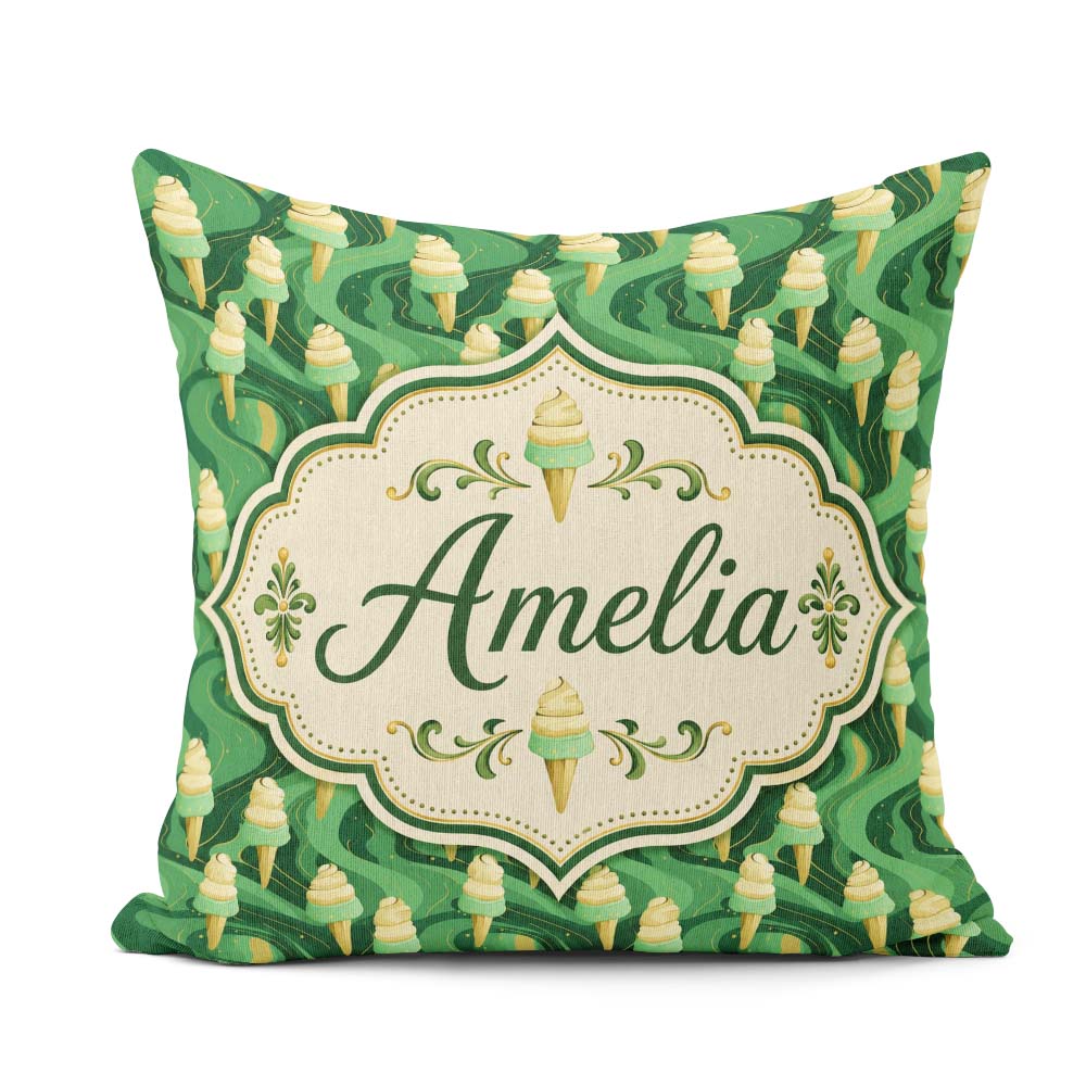 Custom Name Abstract Green Swirl Background with Ice Cream Cones Square Filled Cushion Throw Pillow Sofa Bed Home Decor Zip Washable UK Made