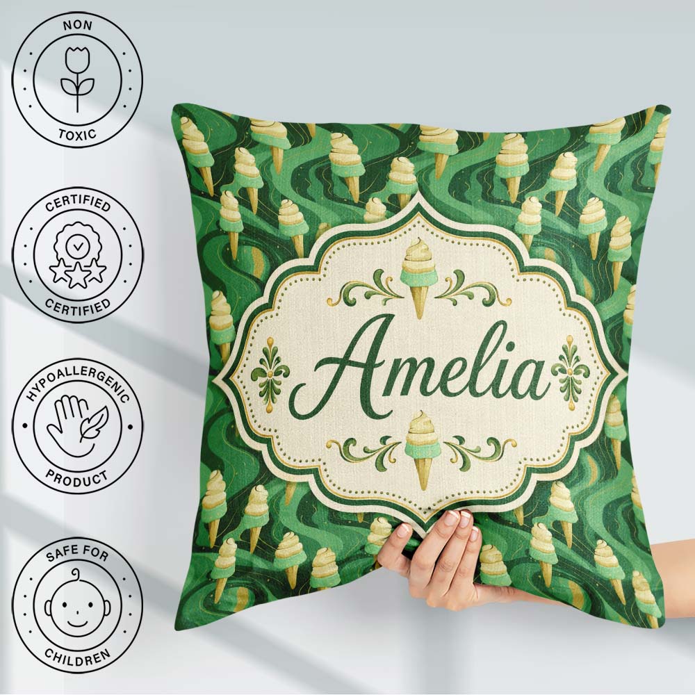 Custom Name Abstract Green Swirl Background with Ice Cream Cones Square Filled Cushion Throw Pillow Sofa Bed Home Decor Zip Washable UK Made