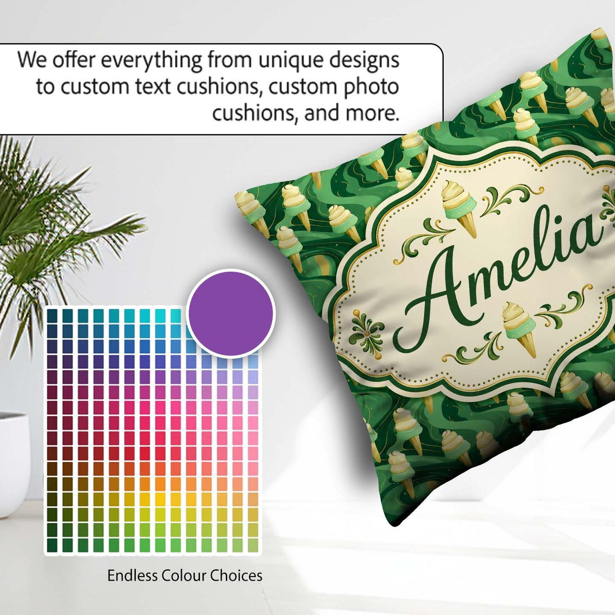 Custom Name Abstract Green Swirl Background with Ice Cream Cones Square Filled Cushion Throw Pillow Sofa Bed Home Decor Zip Washable UK Made