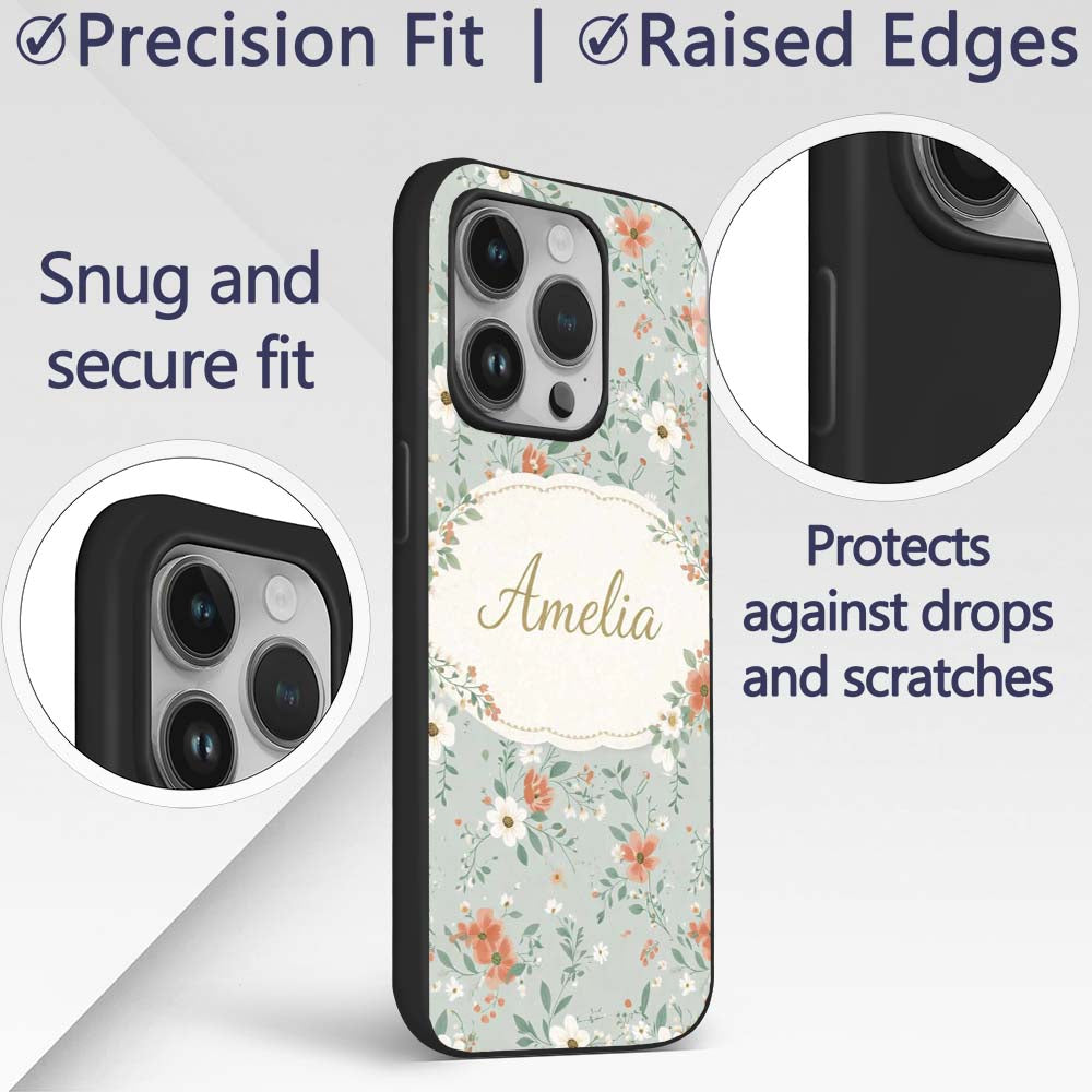 Wildflower Orange and White Floral Pattern Sage Custom Name Protective Phone Case Mobile Cover Durable Everyday Smartphone Shock Resistant