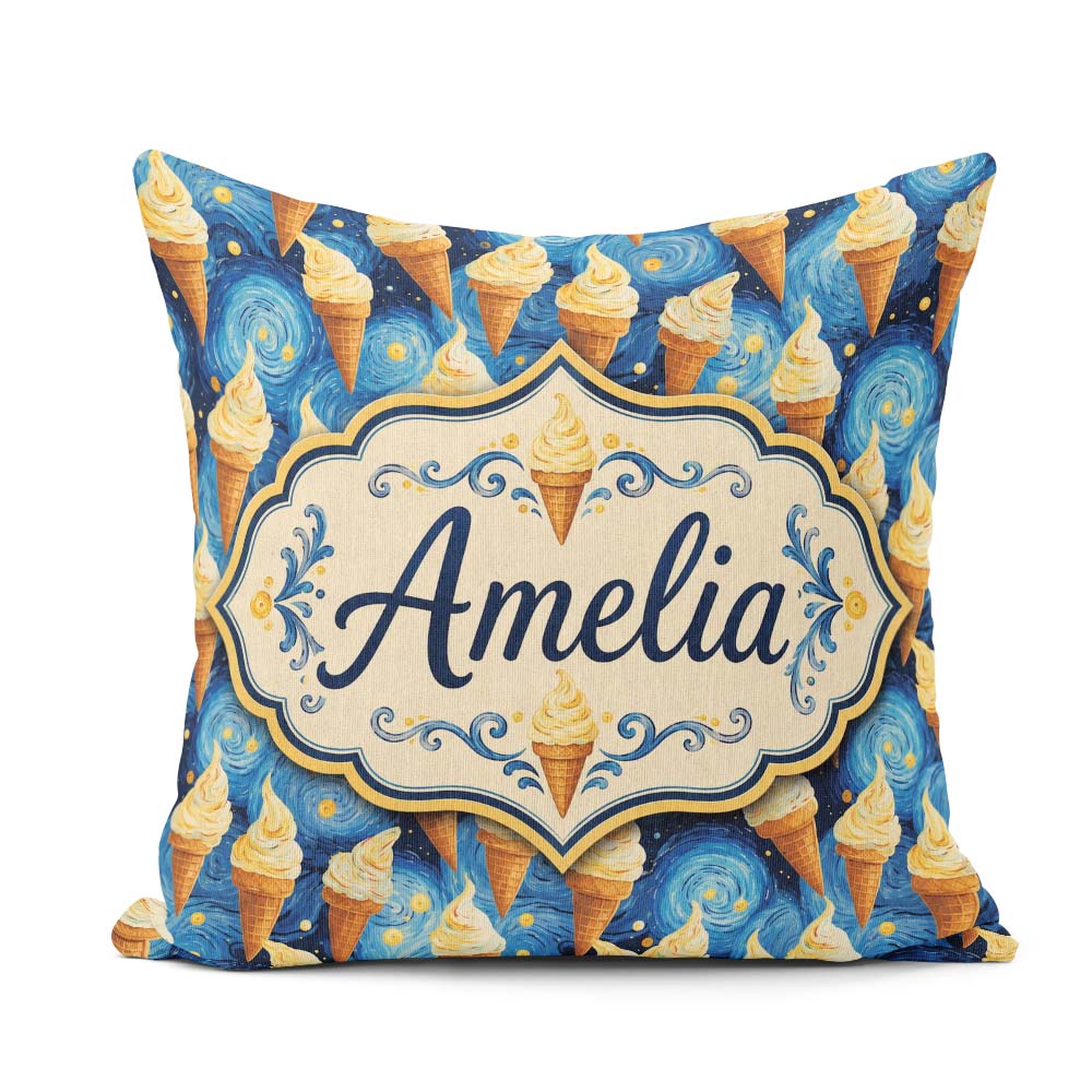 Custom Name Artistic Cream Cones Over Starry Night Inspired Blue Square Filled Cushion Throw Pillow Sofa Bed Home Decor Zip Washable UK Made