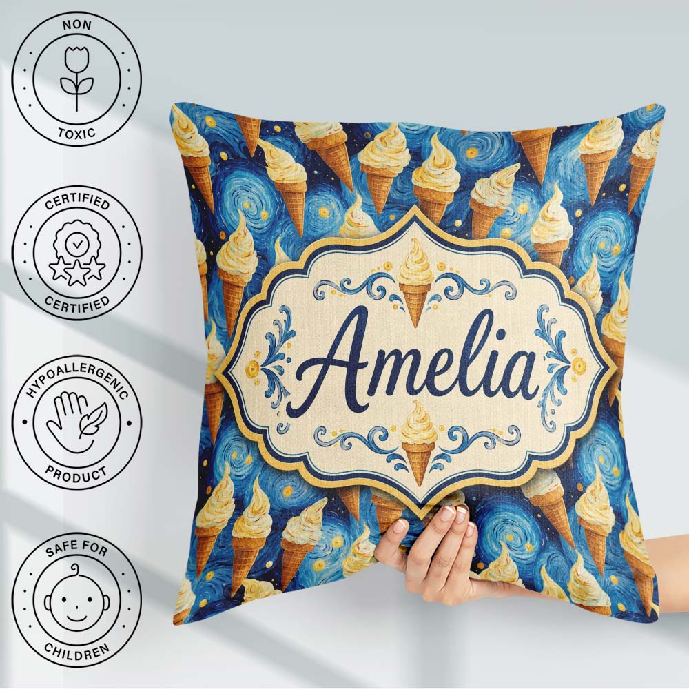 Custom Name Artistic Cream Cones Over Starry Night Inspired Blue Square Filled Cushion Throw Pillow Sofa Bed Home Decor Zip Washable UK Made