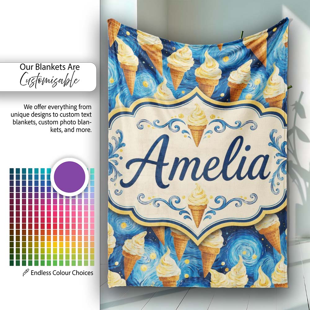 Artistic Ice Cream Cones Over Starry Night Inspired Blue Swirl Personalised Custom Name Super Soft Fleece Blanket Bed Sofa Throw