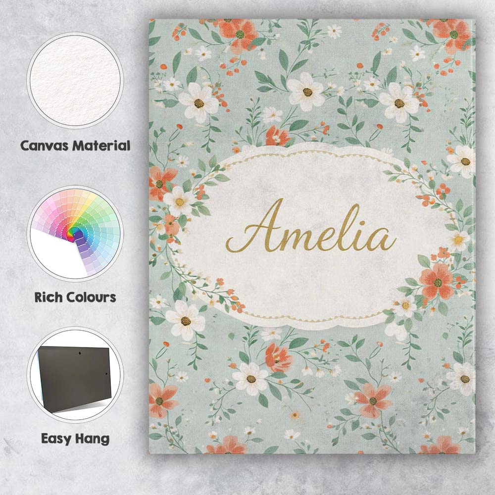 Personalised Name Wildflower Orange and White Floral Pattern Sage Custom Bespoke Canvas Wall Art Print Decor Picture Ready to Hang