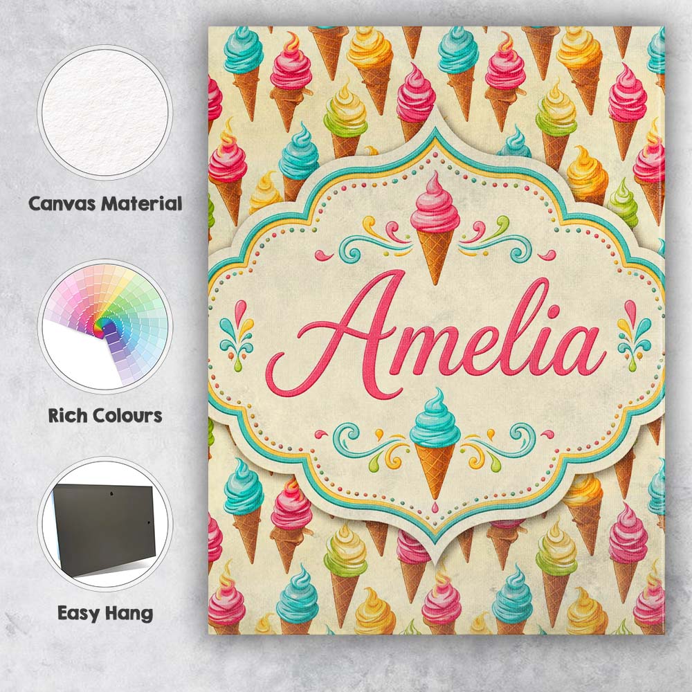 Personalised Name Colourful Ice Cream Cones Custom Bespoke Interior Contemporary Canvas Wall Art Print Decor Picture Ready to Hang