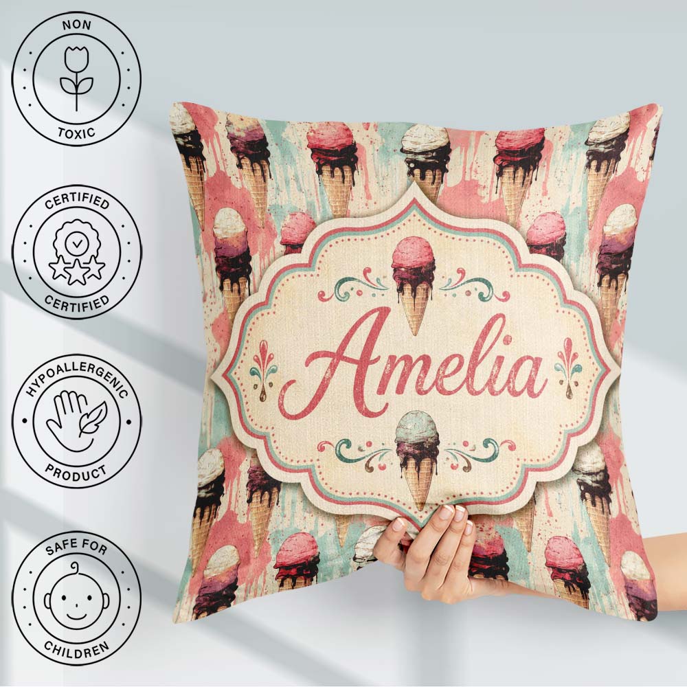 Custom Name Grunge Style Melting Ice Cream Cones with Background Square Filled Cushion Throw Pillow Sofa Bed Home Decor Zip Washable UK Made